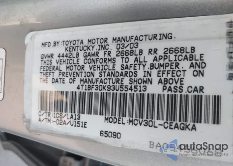 2003 Toyota Camry Xle V6 from USA, damaged, VIN 4T1BF30K93U554513